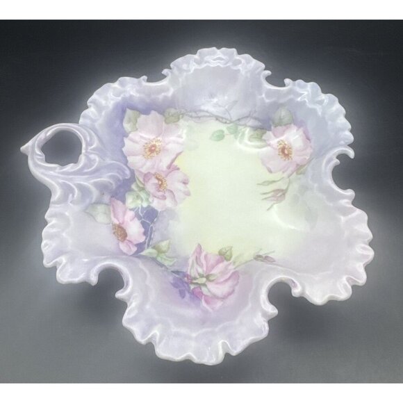 VTG Lavender Purple Hand Painted Floral Porcelain Candy Nut Relish Dish 8.5” - Picture 2 of 6